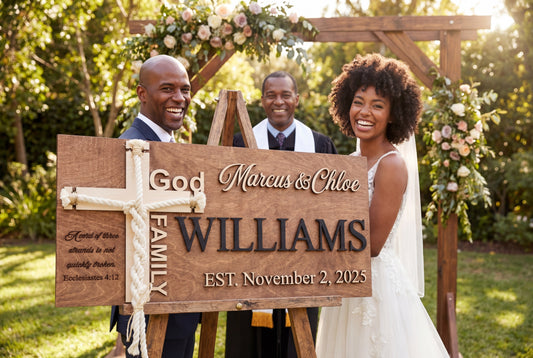 Bride and groom at the altar beside a cord of three strands wedding sign with black 3D lettering