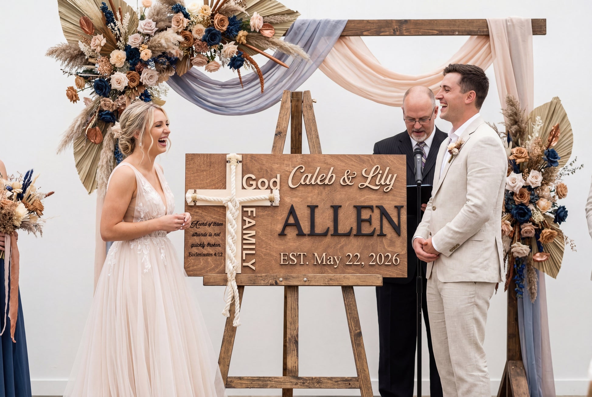 Cord of three strands sign with black 3D letters for the Davis family, on an easel with white florals
