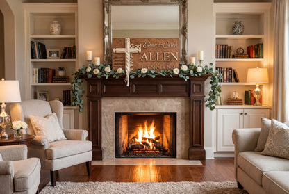 Cord of three strands wedding sign displayed on a fireplace mantel in a living room