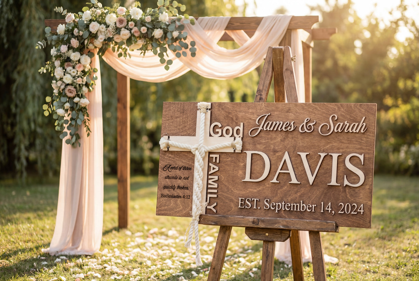 Natural wood unity cross sign personalized for the Davis family, standing beside a floral wedding arch