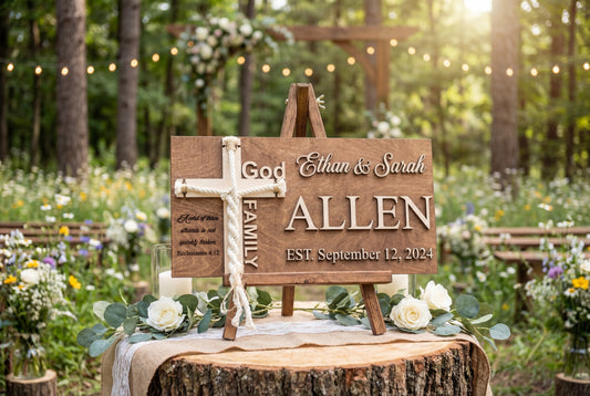 Cord of Three Strands wedding sign in natural wood with the Allen family name, on a wooden easel at an outdoor ceremony