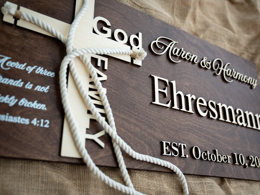 Natural wood cross and personal details