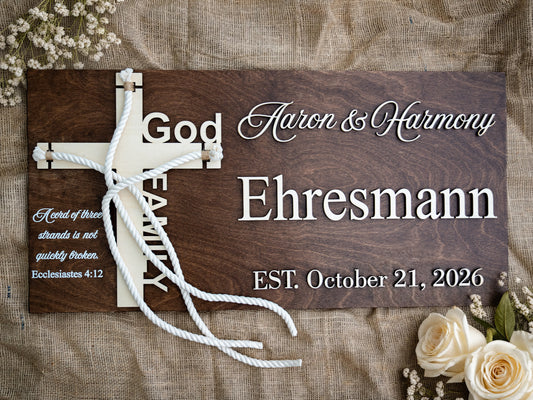 Personalized walnut Cord of Three Strands wedding sign with natural wood cross and lettering, styled with flowers