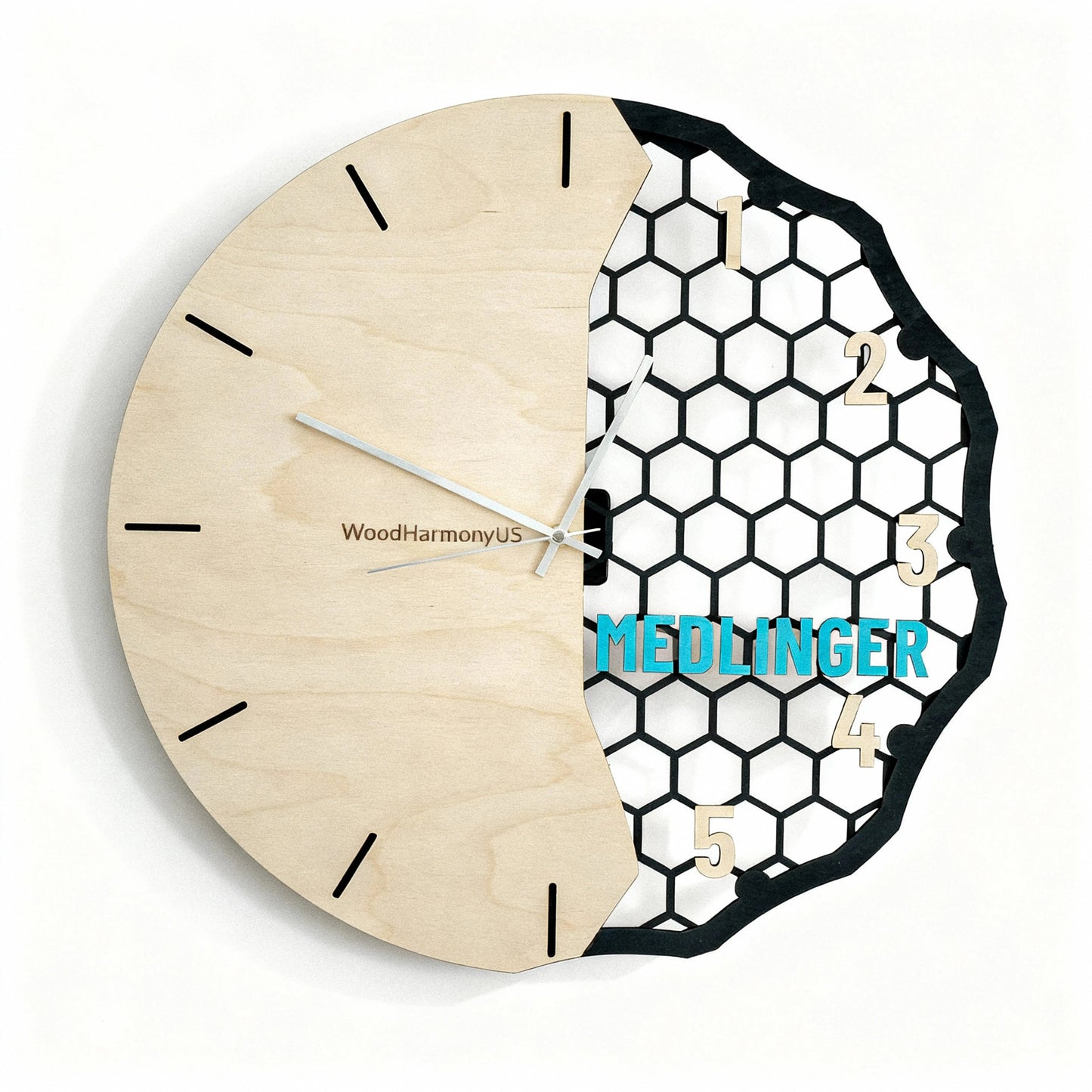 Personalized Wooden Wall Clock — Custom Name Modern Honeycomb Design | Baltic Birch Premium Gift WoodHarmonyUs