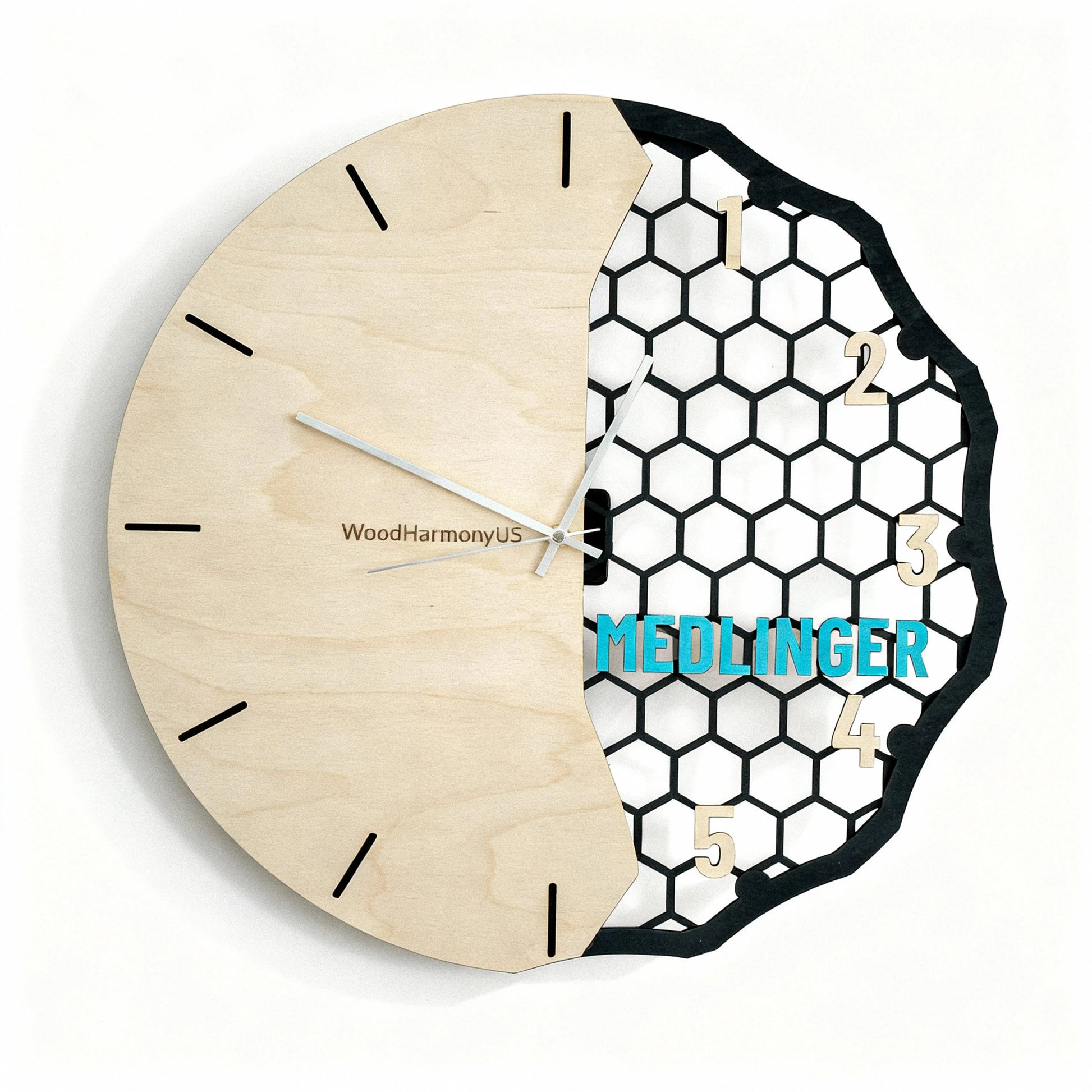 Personalized Wooden Wall Clock — Custom Name Modern Honeycomb Design | Baltic Birch Premium Gift WoodHarmonyUs