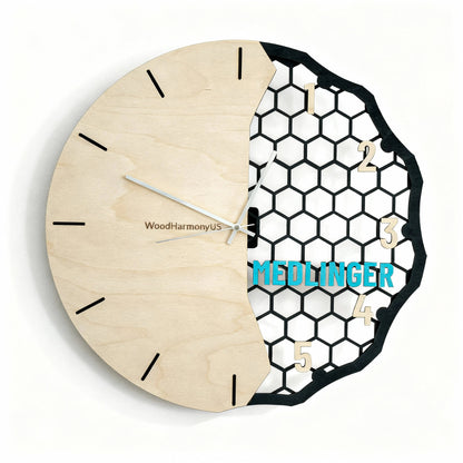 Personalized Wooden Wall Clock — Custom Name Modern Honeycomb Design | Baltic Birch Premium Gift WoodHarmonyUs