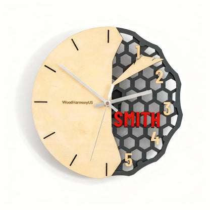 Personalized Wooden Wall Clock — Custom Name Modern Honeycomb Design WoodHarmonyUs