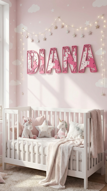 Personalized UNICORN DREAMS Name Sign | Custom Nursery Decor | Girls Themed Cut-Out Name Sign | Layered Wooden Name Sign for Kids Room
