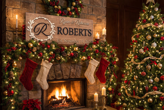 Personalized wood family sign on mantel with candles rustic decor
