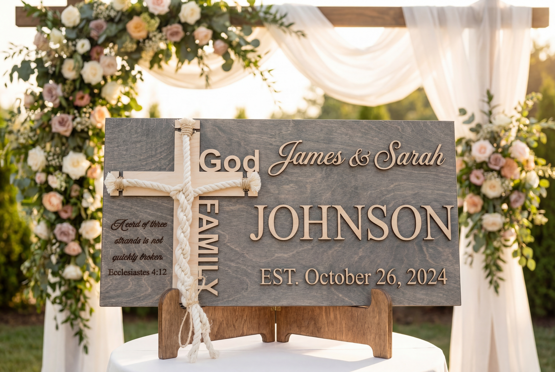 Grey wood cord of three strands sign personalized for the Johnson family, beside white florals