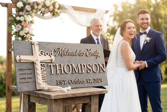 Couple beside a grey cord of three strands wedding sign personalized for the Thompson family