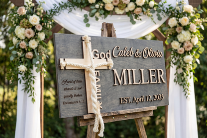 Miller family unity ceremony sign in grey wood on a wooden easel outdoors