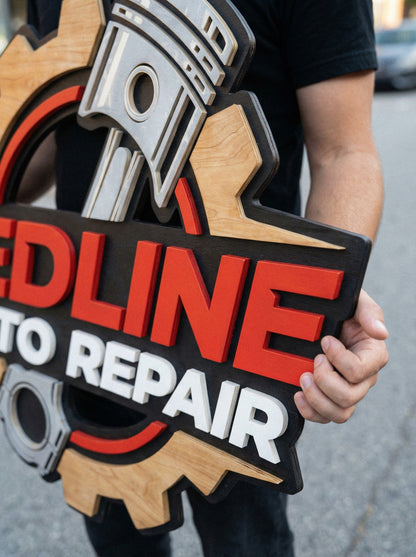 Close-up of multilayered 3D wood business sign, laser cut painted wooden logo with premium finish for reception wall.
