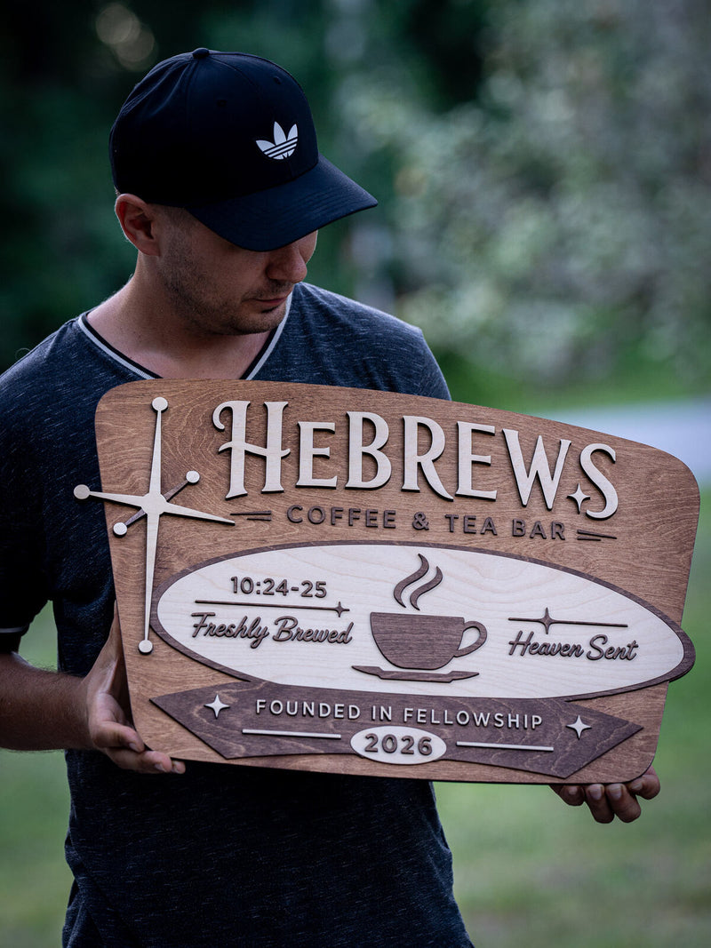 Trapezoid retro diner style wood cafe sign for HeBrews coffee and tea bar with a mid-century starburst and a steaming coffee cup