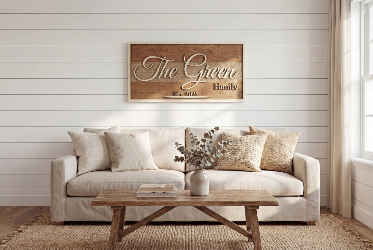 Personalized 3D wood and burlap family name sign with established date