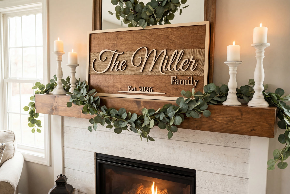 Personalized 3D wood and burlap family name sign with established date