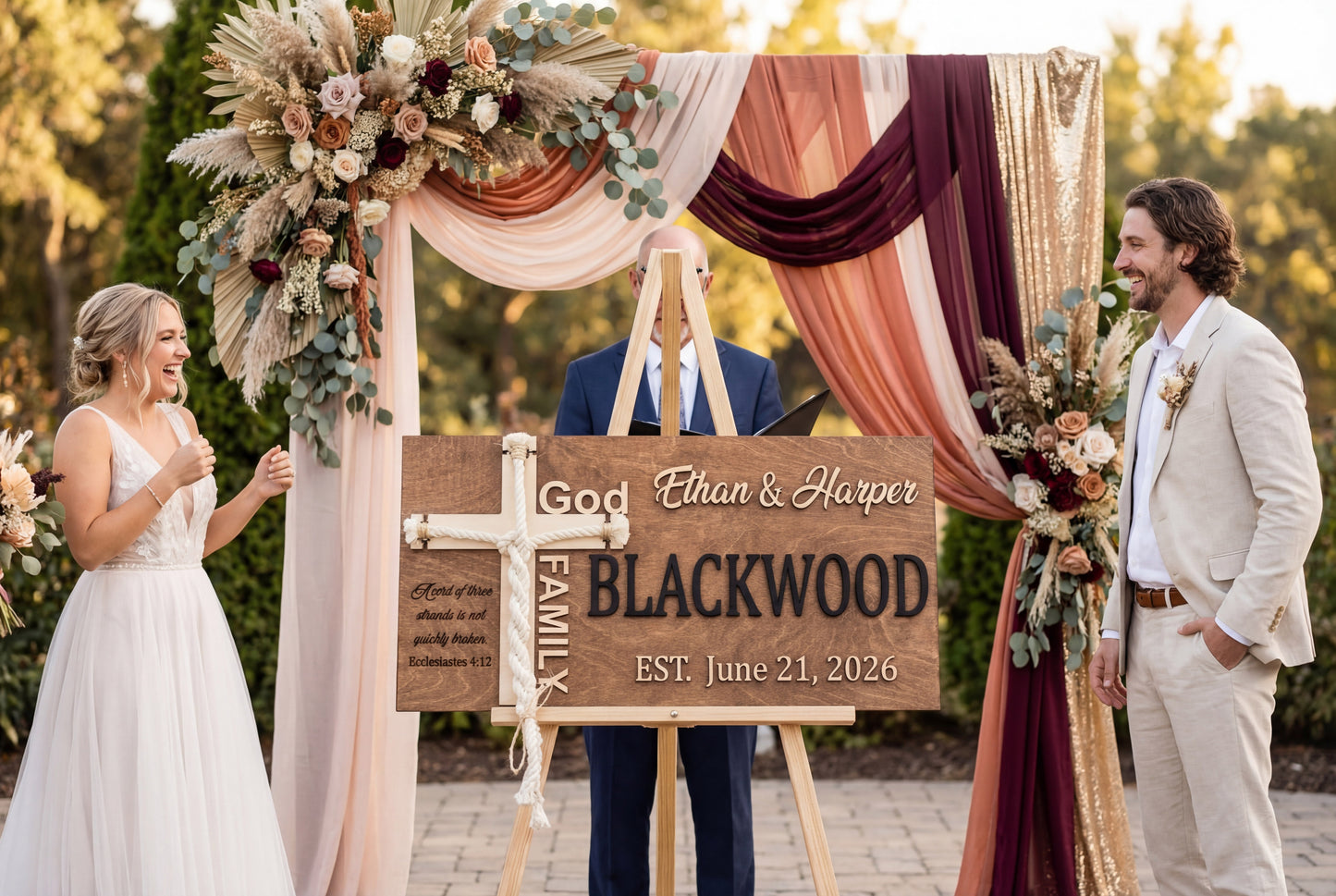Couple beside a Blackwood family unity ceremony sign in wood with black lettering