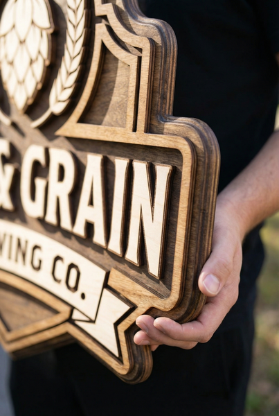 Custom 3D wooden business logo sign for auto repair shop, large handcrafted wood wall decor for office branding.