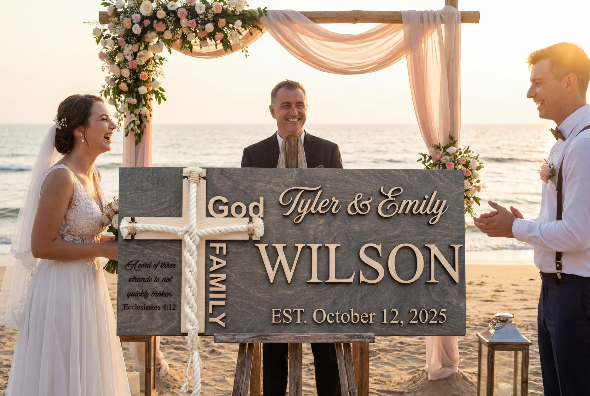 Handcrafted Cord of Three Strands sign in grey displayed on a wooden easel with floral decor.