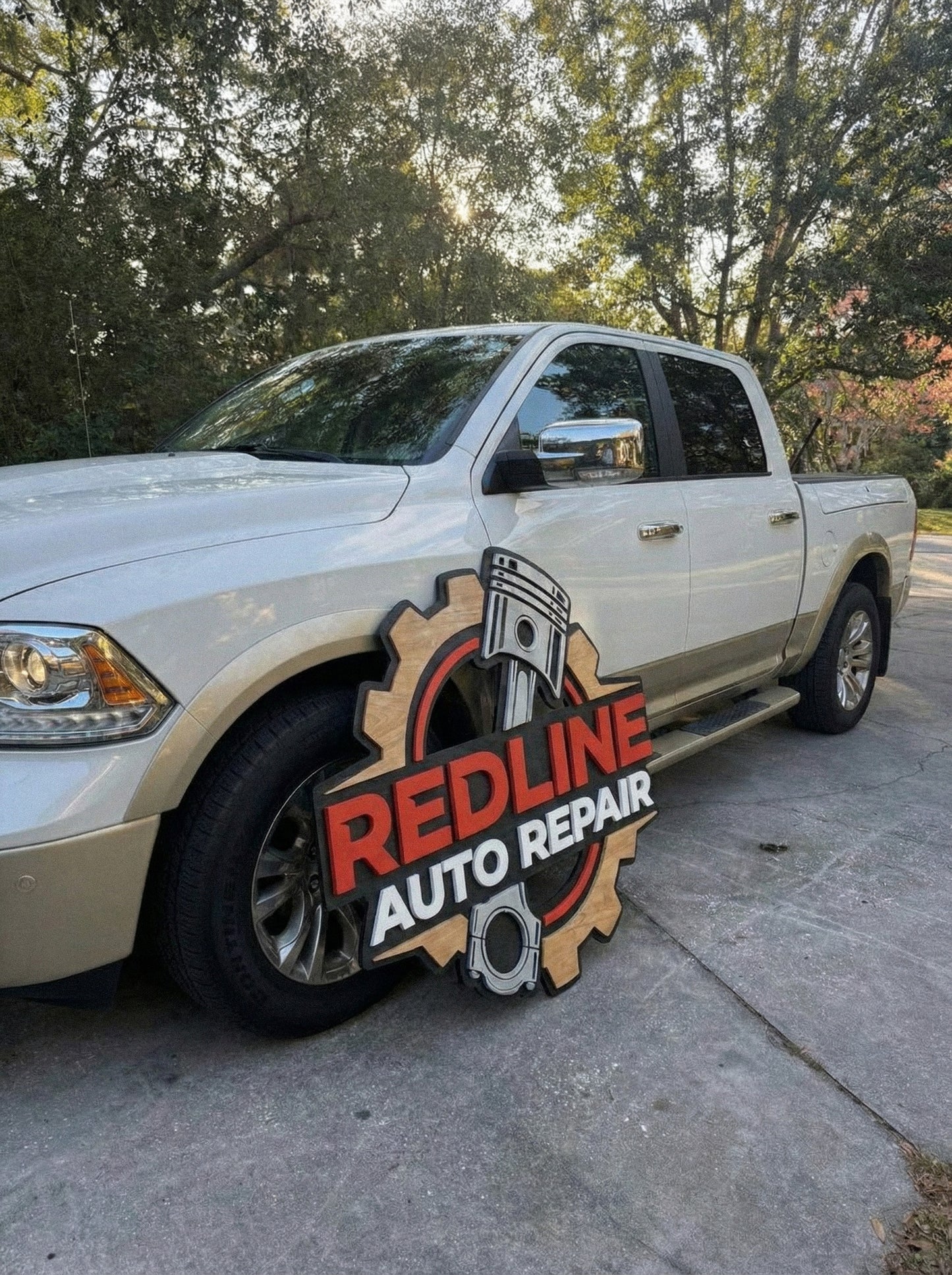 Large custom wood business sign, 3D branded wooden logo for automotive workshop and garage decor.